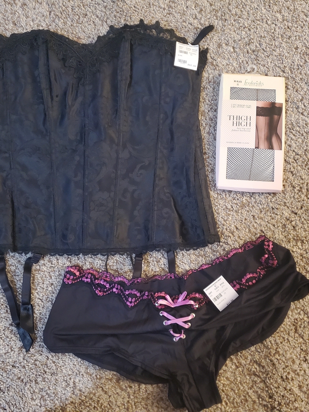 Black Lace Corset & Matching Briefs Set with Pink Trim And Stocking